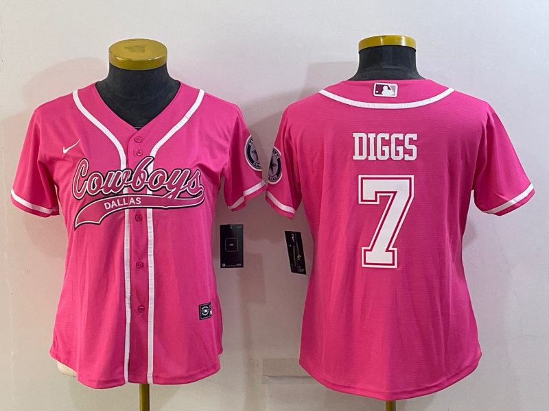 Women's Dallas Cowboys #7 Trevon Diggs Pink With Patch Cool Base Stitched Baseball Jersey(Run Small)